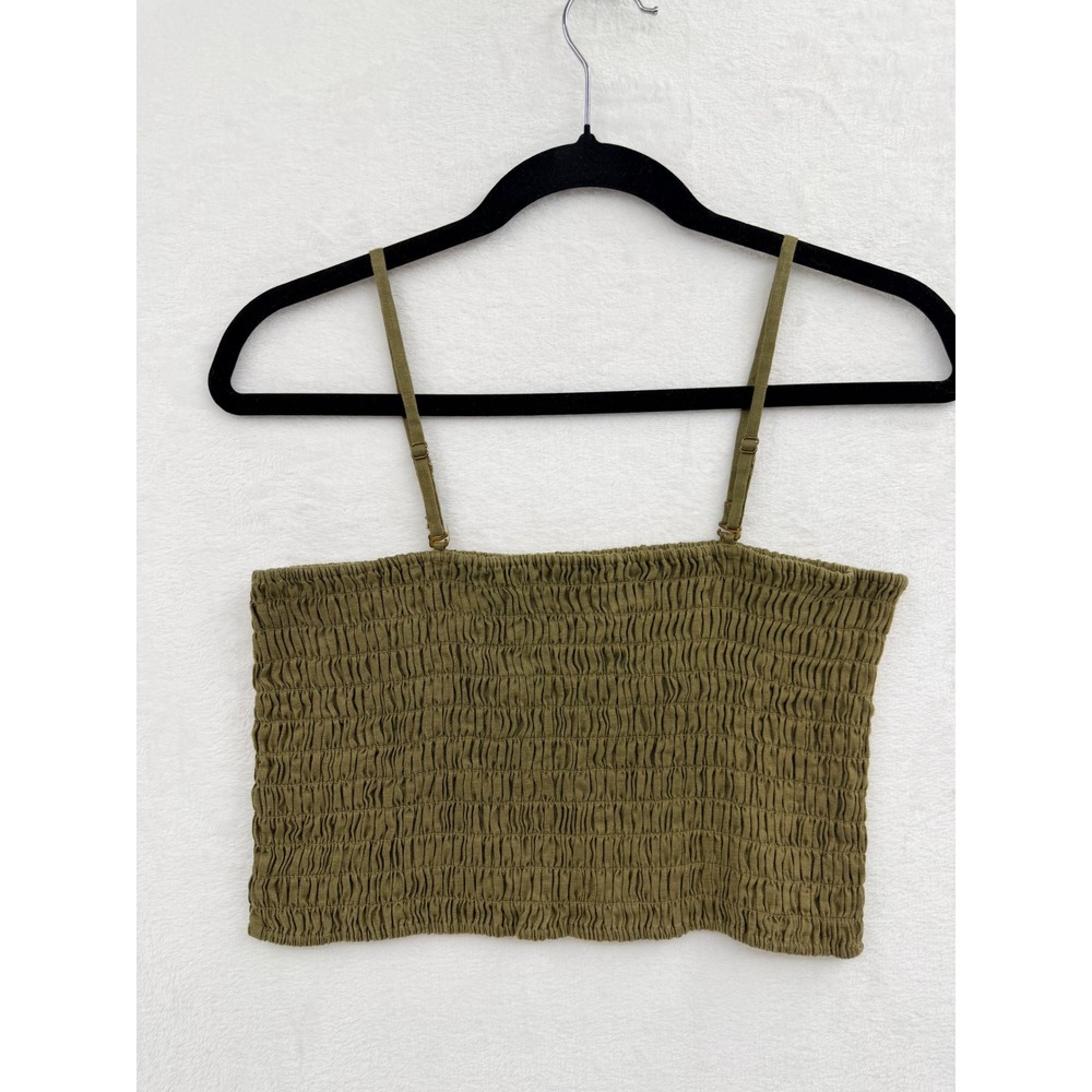 ATM Linen Smocked Crop Top Medium Olive Green Minimalist European Summer